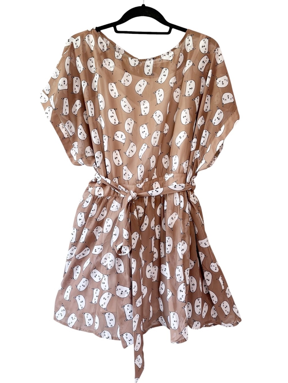 eShatki Cat Print Tie-Waist Dress or Tunic Top Tan White Size 1X